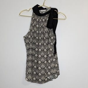 NEW YORK & CO Medium Halter Top Blouse Black/Tan Print Tie Neck Sleeveless Shirt